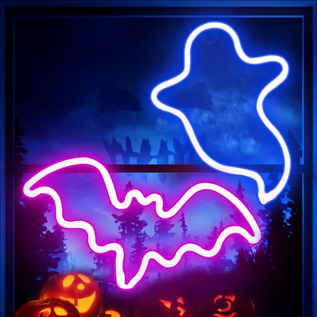 Main image of 2 Pack Halloween Decoration LED Neon Sign Light, Ghost and Bat Lights | Hanging Neon Signs for Halloween Parties, Indoor Home and Window Decorations,Battery-Operated