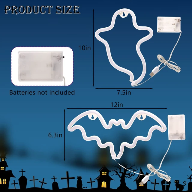 Alt view image 2 of 7 - 2 Pack Halloween Decoration LED Neon Sign Light, Ghost and Bat Lights | Hanging Neon Signs for Halloween Parties, Indoor Home and Window Decorations,Battery-Operated