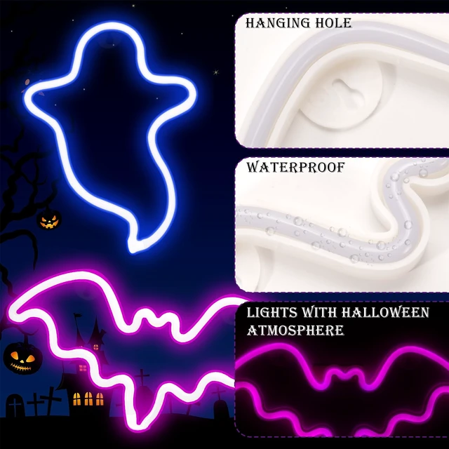 Alt view image 3 of 7 - 2 Pack Halloween Decoration LED Neon Sign Light, Ghost and Bat Lights | Hanging Neon Signs for Halloween Parties, Indoor Home and Window Decorations,Battery-Operated