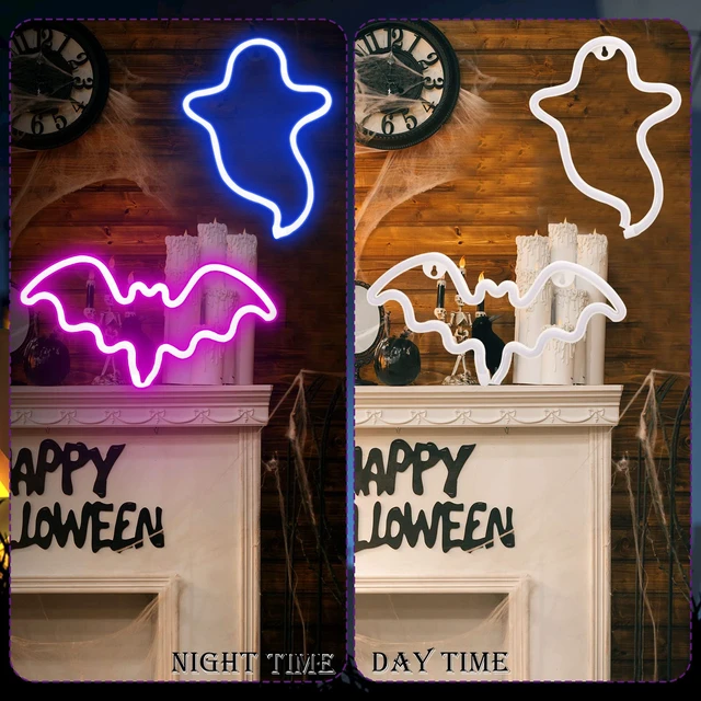 Alt view image 4 of 7 - 2 Pack Halloween Decoration LED Neon Sign Light, Ghost and Bat Lights | Hanging Neon Signs for Halloween Parties, Indoor Home and Window Decorations,Battery-Operated