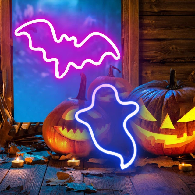 Alt view image 5 of 7 - 2 Pack Halloween Decoration LED Neon Sign Light, Ghost and Bat Lights | Hanging Neon Signs for Halloween Parties, Indoor Home and Window Decorations,Battery-Operated
