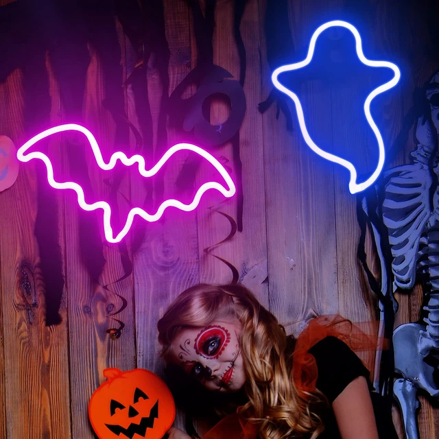 Alt view image 7 of 7 - 2 Pack Halloween Decoration LED Neon Sign Light, Ghost and Bat Lights | Hanging Neon Signs for Halloween Parties, Indoor Home and Window Decorations,Battery-Operated