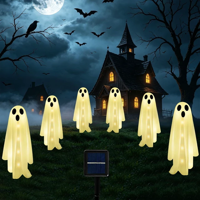 Main image of 6-Pack Halloween Solar Lights with 8 Lighting Modes - Light Up Ghost Decorations for Outdoor, Scary Ghost Party Gifts, Halloween Ghost Path Lights in Warm White