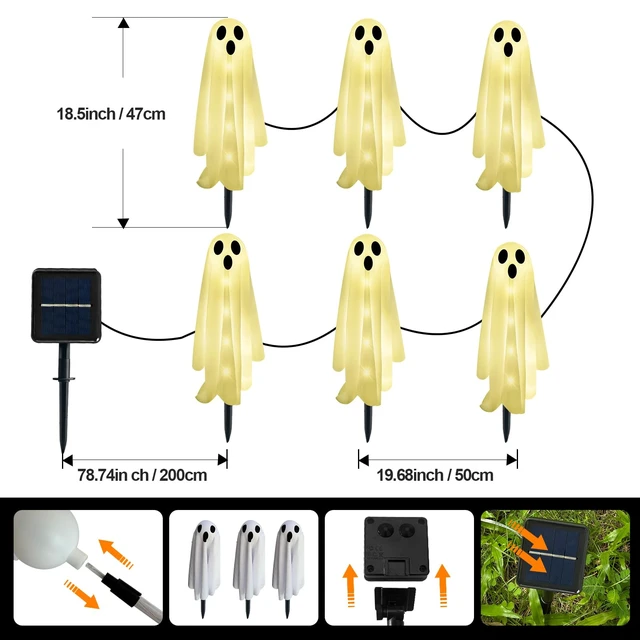 Alt view image 2 of 7 - 6-Pack Halloween Solar Lights with 8 Lighting Modes - Light Up Ghost Decorations for Outdoor, Scary Ghost Party Gifts, Halloween Ghost Path Lights in Warm White