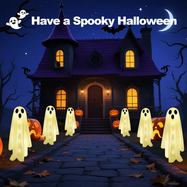 Alt view image 3 of 7 - 6-Pack Halloween Solar Lights with 8 Lighting Modes - Light Up Ghost Decorations for Outdoor, Scary Ghost Party Gifts, Halloween Ghost Path Lights in Warm White