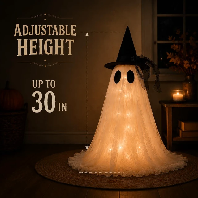 Alt view image 2 of 7 - 2-Pack Halloween Ghost Decor Set, USB Powered w/Remote Lights | Halloween Indoor Decorations - Light-Up Ghost Ornamentfor Mantel Shelf, Table & Fireplace - Spooky Home Party Centerpiece