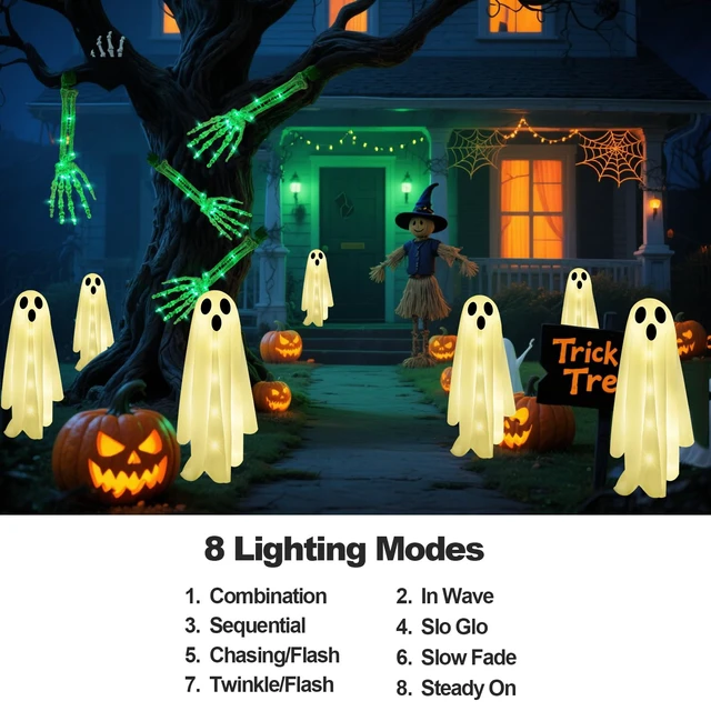 Alt view image 4 of 7 - 6-Pack Halloween Solar Lights with 8 Lighting Modes - Light Up Ghost Decorations for Outdoor, Scary Ghost Party Gifts, Halloween Ghost Path Lights in Warm White