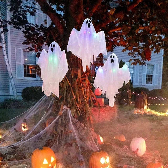 Main image of 3 Pcs 31.5" Light Up White Hanging Ghost: Flying Ghosts with LED Lights Cute Decor for Halloween Outdoor Tree Yard Haunted House Decorations