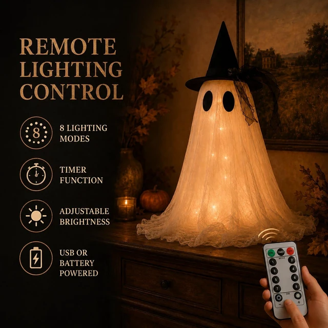 Alt view image 3 of 7 - 2-Pack Halloween Ghost Decor Set, USB Powered w/Remote Lights | Halloween Indoor Decorations - Light-Up Ghost Ornamentfor Mantel Shelf, Table & Fireplace - Spooky Home Party Centerpiece