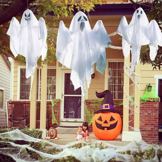 Alt view image 3 of 7 - 3 Pcs 31.5" Light Up White Hanging Ghost: Flying Ghosts with LED Lights Cute Decor for Halloween Outdoor Tree Yard Haunted House Decorations