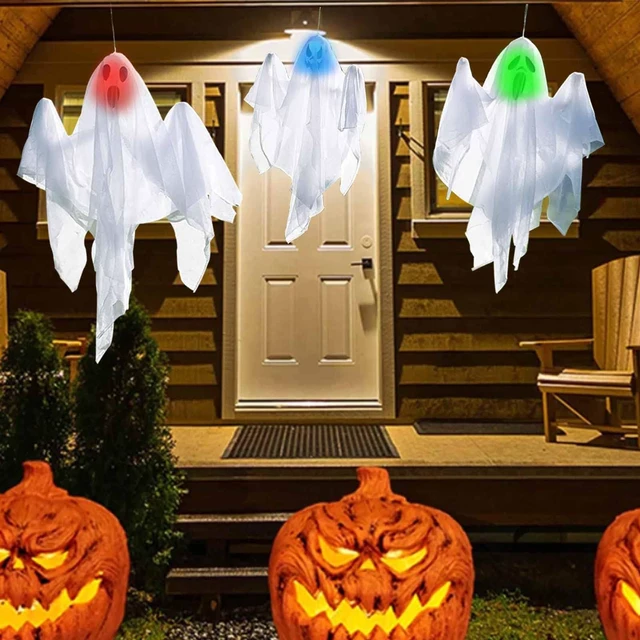 Alt view image 2 of 7 - 3 Pcs 31.5" Light Up White Hanging Ghost: Flying Ghosts with LED Lights Cute Decor for Halloween Outdoor Tree Yard Haunted House Decorations