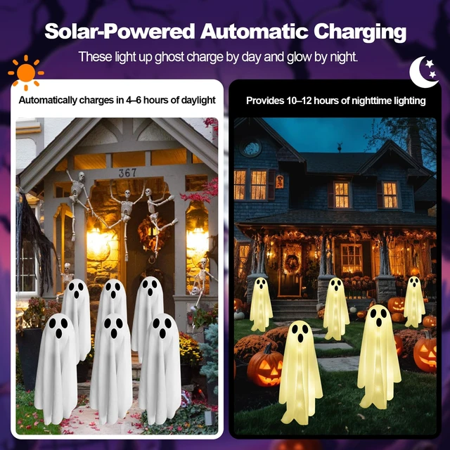 Alt view image 7 of 7 - 6-Pack Halloween Solar Lights with 8 Lighting Modes - Light Up Ghost Decorations for Outdoor, Scary Ghost Party Gifts, Halloween Ghost Path Lights in Warm White