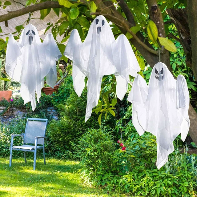 Alt view image 4 of 7 - 3 Pcs 31.5" Light Up White Hanging Ghost: Flying Ghosts with LED Lights Cute Decor for Halloween Outdoor Tree Yard Haunted House Decorations