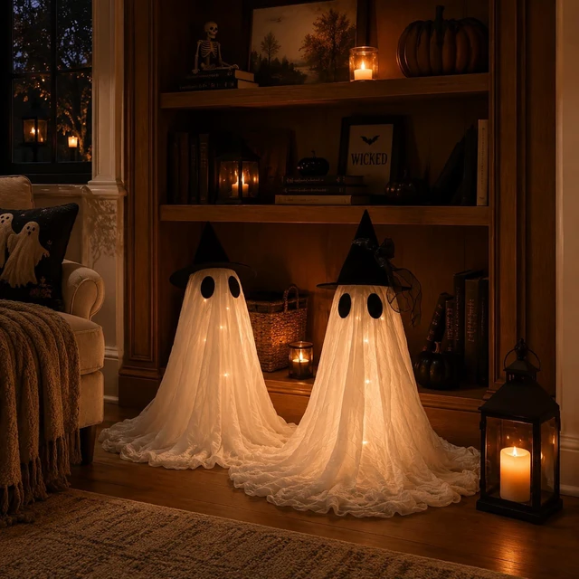 Alt view image 7 of 7 - 2-Pack Halloween Ghost Decor Set, USB Powered w/Remote Lights | Halloween Indoor Decorations - Light-Up Ghost Ornamentfor Mantel Shelf, Table & Fireplace - Spooky Home Party Centerpiece