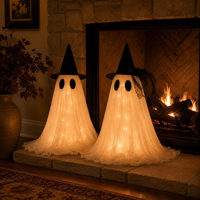 Alt view image 4 of 7 - 2-Pack Halloween Ghost Decor Set, USB Powered w/Remote Lights | Halloween Indoor Decorations - Light-Up Ghost Ornamentfor Mantel Shelf, Table & Fireplace - Spooky Home Party Centerpiece