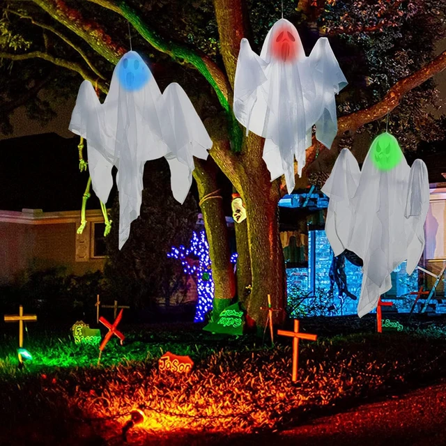 Alt view image 7 of 7 - 3 Pcs 31.5" Light Up White Hanging Ghost: Flying Ghosts with LED Lights Cute Decor for Halloween Outdoor Tree Yard Haunted House Decorations