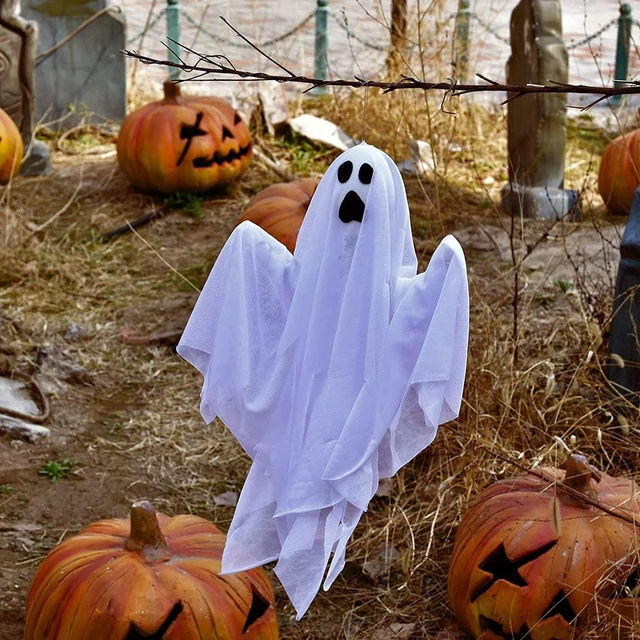 Alt view image 5 of 7 - 3 Pcs 31.5" Light Up White Hanging Ghost: Flying Ghosts with LED Lights Cute Decor for Halloween Outdoor Tree Yard Haunted House Decorations