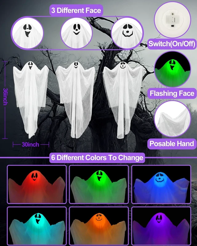 Alt view image 6 of 7 - 3 Pcs 31.5" Light Up White Hanging Ghost: Flying Ghosts with LED Lights Cute Decor for Halloween Outdoor Tree Yard Haunted House Decorations