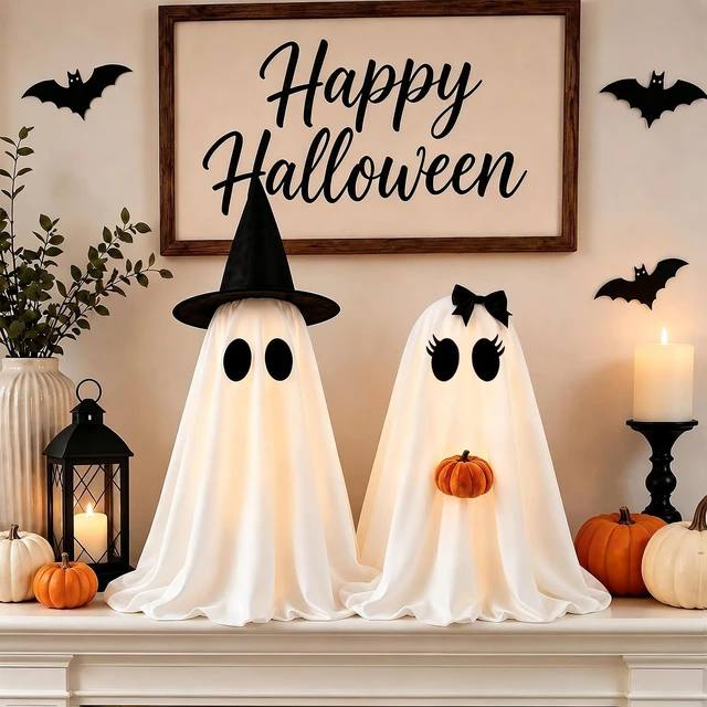 Main image of Halloween Ghosts Decorations Indoor, 2 Packs Light Up Ghosts with Pumpkin | Crown Design, Telescopic Pole, 8 Lighting Modes, Auto Timer, Weighted Base, Easy Setup, Mantel Table Room Party Home Decor