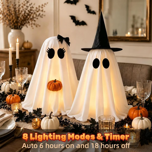 Alt view image 3 of 7 - Halloween Ghosts Decorations Indoor, 2 Packs Light Up Ghosts with Pumpkin | Crown Design, Telescopic Pole, 8 Lighting Modes, Auto Timer, Weighted Base, Easy Setup, Mantel Table Room Party Home Decor