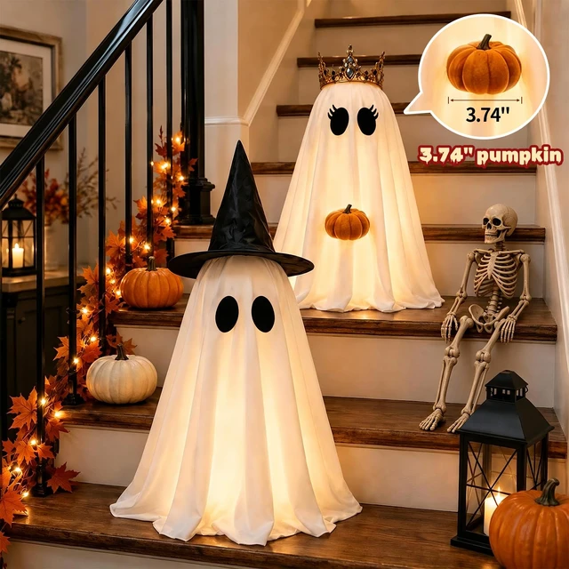 Alt view image 2 of 7 - Halloween Ghosts Decorations Indoor, 2 Packs Light Up Ghosts with Pumpkin | Crown Design, Telescopic Pole, 8 Lighting Modes, Auto Timer, Weighted Base, Easy Setup, Mantel Table Room Party Home Decor