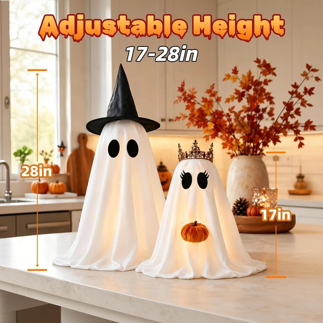 Alt view image 4 of 7 - Halloween Ghosts Decorations Indoor, 2 Packs Light Up Ghosts with Pumpkin | Crown Design, Telescopic Pole, 8 Lighting Modes, Auto Timer, Weighted Base, Easy Setup, Mantel Table Room Party Home Decor