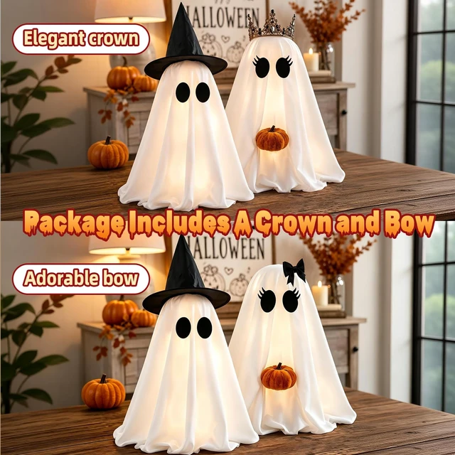 Alt view image 6 of 7 - Halloween Ghosts Decorations Indoor, 2 Packs Light Up Ghosts with Pumpkin | Crown Design, Telescopic Pole, 8 Lighting Modes, Auto Timer, Weighted Base, Easy Setup, Mantel Table Room Party Home Decor