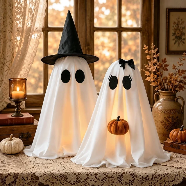 Alt view image 7 of 7 - Halloween Ghosts Decorations Indoor, 2 Packs Light Up Ghosts with Pumpkin | Crown Design, Telescopic Pole, 8 Lighting Modes, Auto Timer, Weighted Base, Easy Setup, Mantel Table Room Party Home Decor