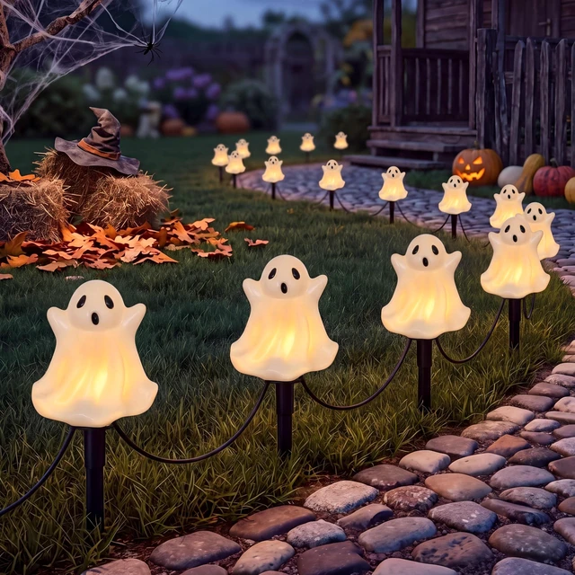 Main image of Halloween Ghosts Pathway Marker Lights, 4 White Ghosts with 4 Stakes, 7Ft Extendable Pathway String Lights, Waterproof for Halloween Lawn Walkway Driveway Markers