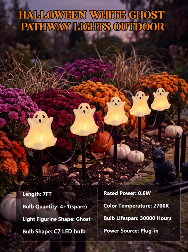 Alt view image 4 of 7 - Halloween Ghosts Pathway Marker Lights, 4 White Ghosts with 4 Stakes, 7Ft Extendable Pathway String Lights, Waterproof for Halloween Lawn Walkway Driveway Markers