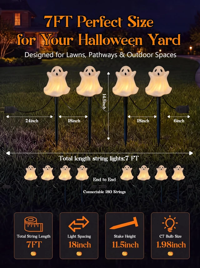 Alt view image 2 of 7 - Halloween Ghosts Pathway Marker Lights, 4 White Ghosts with 4 Stakes, 7Ft Extendable Pathway String Lights, Waterproof for Halloween Lawn Walkway Driveway Markers