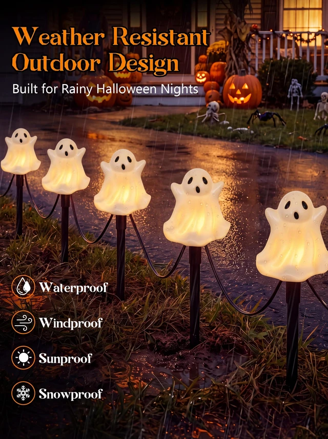Alt view image 3 of 7 - Halloween Ghosts Pathway Marker Lights, 4 White Ghosts with 4 Stakes, 7Ft Extendable Pathway String Lights, Waterproof for Halloween Lawn Walkway Driveway Markers