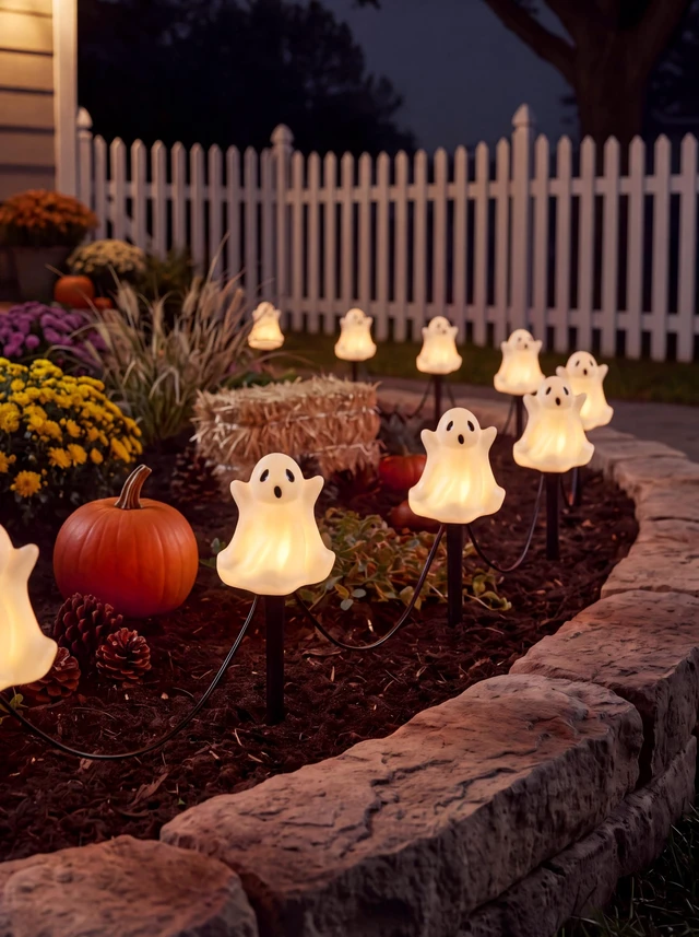 Alt view image 5 of 7 - Halloween Ghosts Pathway Marker Lights, 4 White Ghosts with 4 Stakes, 7Ft Extendable Pathway String Lights, Waterproof for Halloween Lawn Walkway Driveway Markers