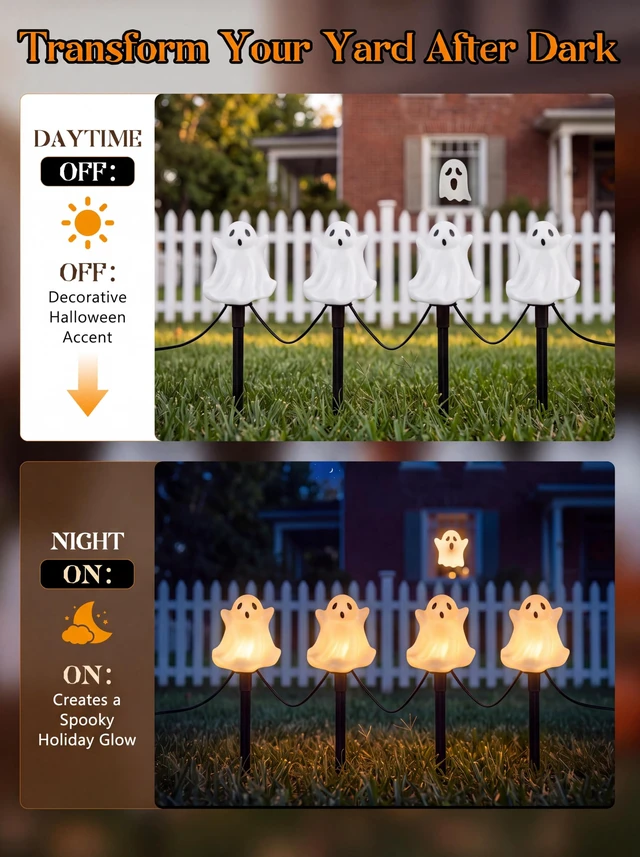Alt view image 6 of 7 - Halloween Ghosts Pathway Marker Lights, 4 White Ghosts with 4 Stakes, 7Ft Extendable Pathway String Lights, Waterproof for Halloween Lawn Walkway Driveway Markers