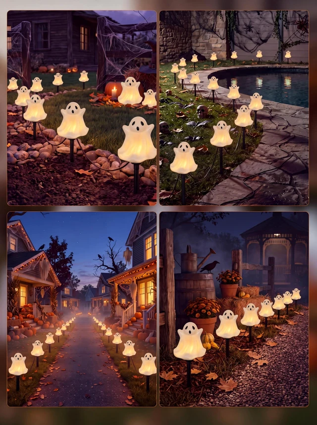 Alt view image 7 of 7 - Halloween Ghosts Pathway Marker Lights, 4 White Ghosts with 4 Stakes, 7Ft Extendable Pathway String Lights, Waterproof for Halloween Lawn Walkway Driveway Markers