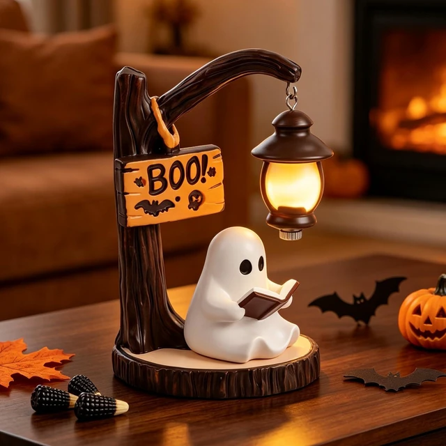 Main image of Halloween Ghost Reading Book Figurine Lamp Night Light | Indoor Party Decor, Table & Room Display, Ghost Statue Design, Home & Office Use Decoration