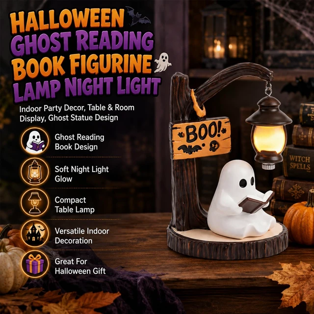 Alt view image 2 of 7 - Halloween Ghost Reading Book Figurine Lamp Night Light | Indoor Party Decor, Table & Room Display, Ghost Statue Design, Home & Office Use Decoration