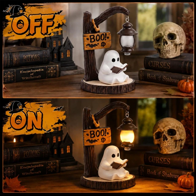 Alt view image 3 of 7 - Halloween Ghost Reading Book Figurine Lamp Night Light | Indoor Party Decor, Table & Room Display, Ghost Statue Design, Home & Office Use Decoration
