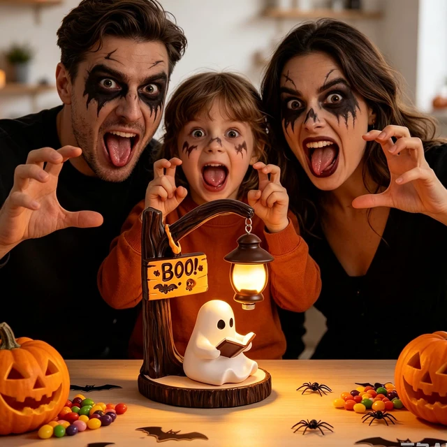 Alt view image 6 of 7 - Halloween Ghost Reading Book Figurine Lamp Night Light | Indoor Party Decor, Table & Room Display, Ghost Statue Design, Home & Office Use Decoration