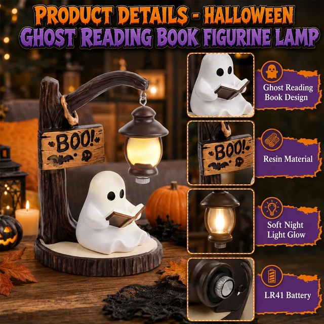 Alt view image 4 of 7 - Halloween Ghost Reading Book Figurine Lamp Night Light | Indoor Party Decor, Table & Room Display, Ghost Statue Design, Home & Office Use Decoration