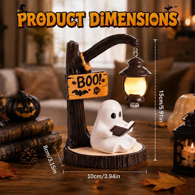 Alt view image 5 of 7 - Halloween Ghost Reading Book Figurine Lamp Night Light | Indoor Party Decor, Table & Room Display, Ghost Statue Design, Home & Office Use Decoration