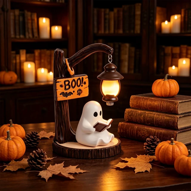 Alt view image 7 of 7 - Halloween Ghost Reading Book Figurine Lamp Night Light | Indoor Party Decor, Table & Room Display, Ghost Statue Design, Home & Office Use Decoration