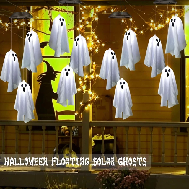 Alt view image 2 of 7 - 2Pack Hanging Ghosts Swing Solar Lights for Halloween Decorations | 2 sets of 3 Spooky White Ghosts with Two Expressions,Light Up Ghost Kit for Garden Yard Tree Porch Window Halloween Decor