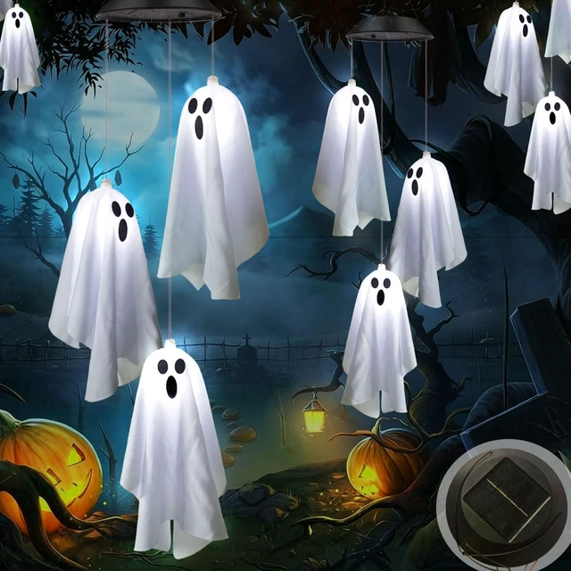Main image of 2Pack Hanging Ghosts Swing Solar Lights for Halloween Decorations | 2 sets of 3 Spooky White Ghosts with Two Expressions,Light Up Ghost Kit for Garden Yard Tree Porch Window Halloween Decor