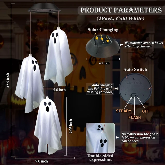 Alt view image 3 of 7 - 2Pack Hanging Ghosts Swing Solar Lights for Halloween Decorations | 2 sets of 3 Spooky White Ghosts with Two Expressions,Light Up Ghost Kit for Garden Yard Tree Porch Window Halloween Decor