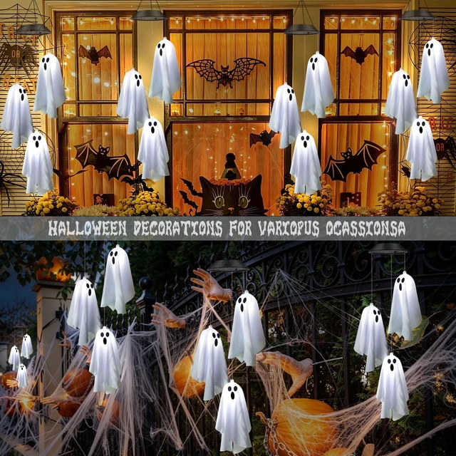 Alt view image 6 of 7 - 2Pack Hanging Ghosts Swing Solar Lights for Halloween Decorations | 2 sets of 3 Spooky White Ghosts with Two Expressions,Light Up Ghost Kit for Garden Yard Tree Porch Window Halloween Decor