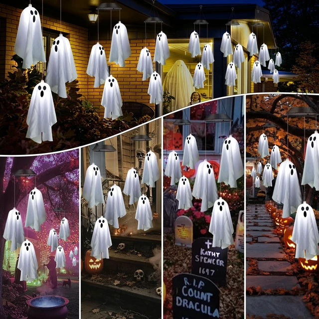 Alt view image 5 of 7 - 2Pack Hanging Ghosts Swing Solar Lights for Halloween Decorations | 2 sets of 3 Spooky White Ghosts with Two Expressions,Light Up Ghost Kit for Garden Yard Tree Porch Window Halloween Decor