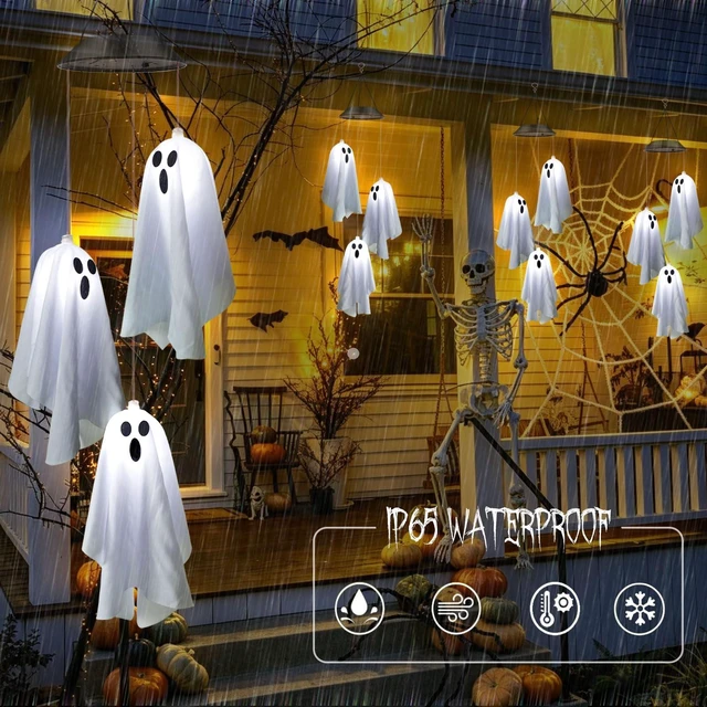 Alt view image 4 of 7 - 2Pack Hanging Ghosts Swing Solar Lights for Halloween Decorations | 2 sets of 3 Spooky White Ghosts with Two Expressions,Light Up Ghost Kit for Garden Yard Tree Porch Window Halloween Decor