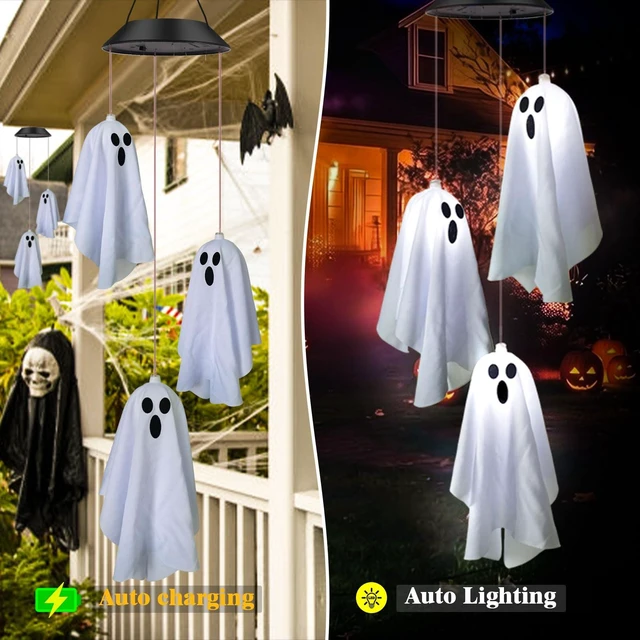 Alt view image 7 of 7 - 2Pack Hanging Ghosts Swing Solar Lights for Halloween Decorations | 2 sets of 3 Spooky White Ghosts with Two Expressions,Light Up Ghost Kit for Garden Yard Tree Porch Window Halloween Decor