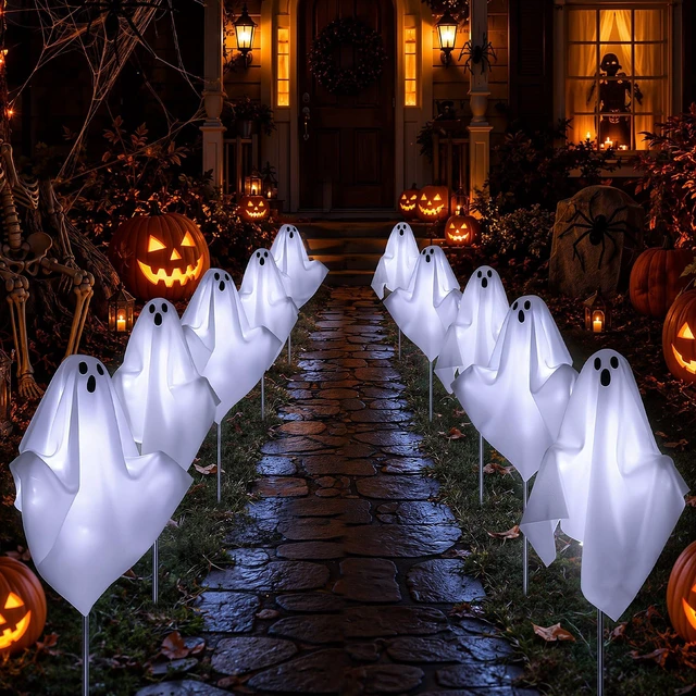 Main image of 10 Pack Pre-Lit Halloween Ghost Pathway Lights w/ 240 LEDs & 8 Modes | 27.5in, DIY Poseable Arms, Ghostly White Glow, Reliable Plug-In Glow, 6/18h Timer, IP44 Rated, for Halloween Outdoor Decor